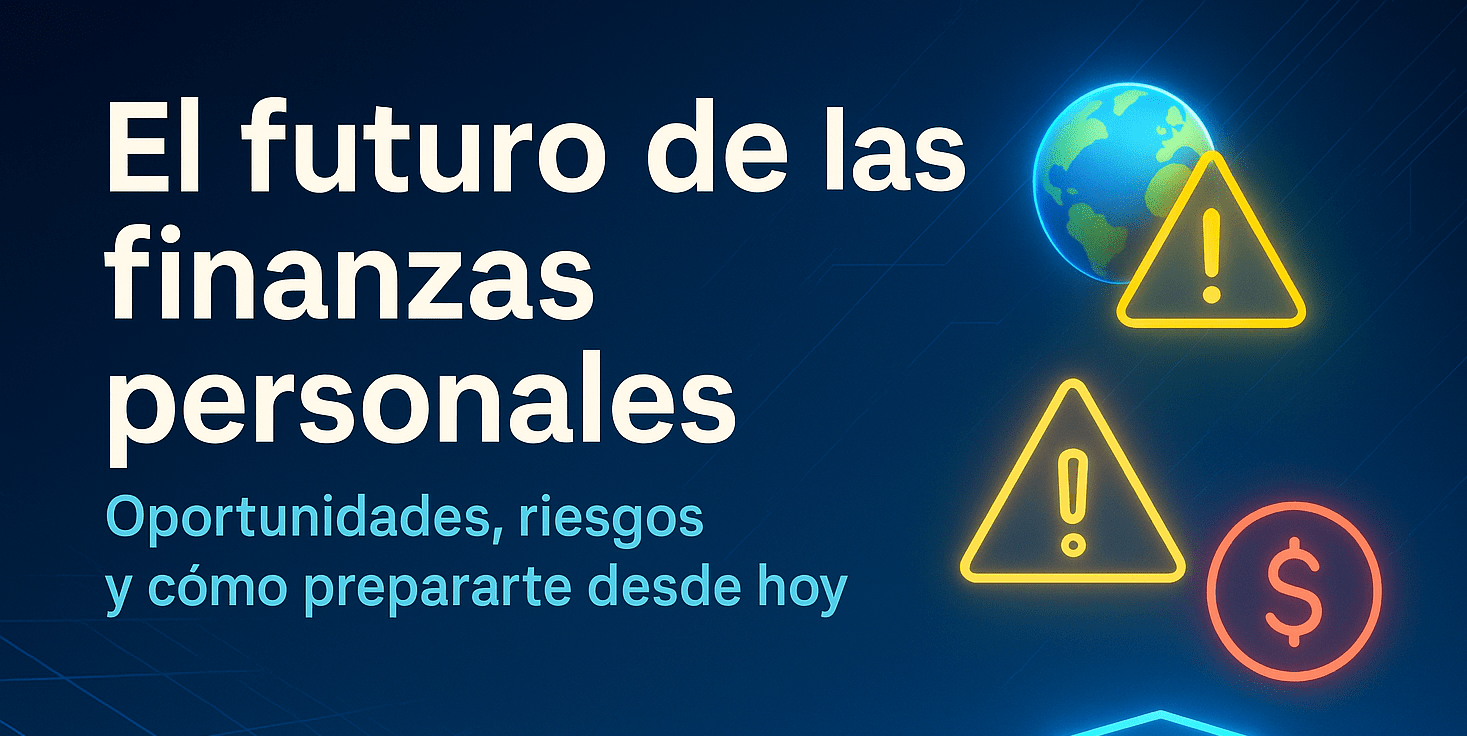 Gráfico futurista sobre el futuro de las finanzas personales con íconos de tecnología, dinero e inversión